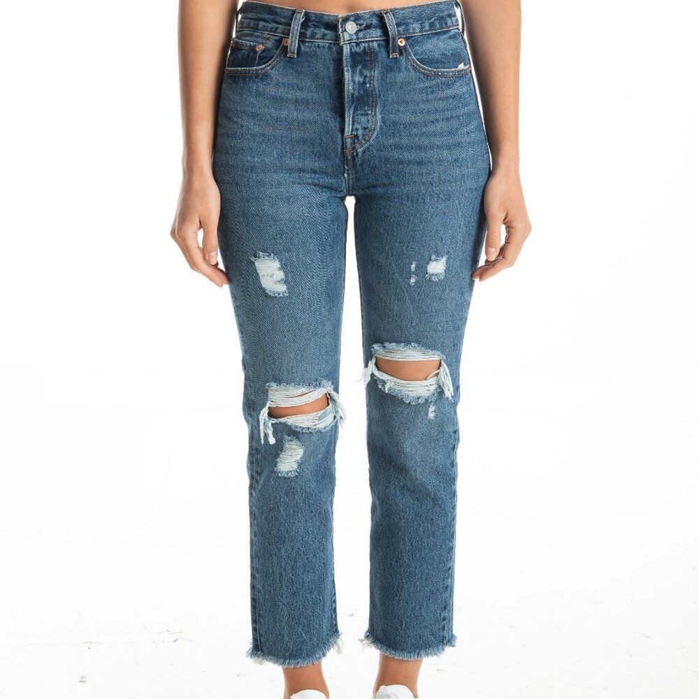 Levi's Premium Wedgie Straight Jeans Distressed Ripped Destroyed Blue Size 28x28